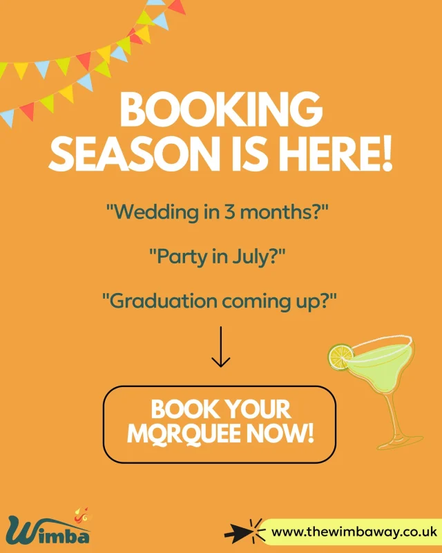 📣 Booking season is officially open!
Got a wedding in 3 months? A party in July? Graduation around the corner? 🎓
Now’s the time to lock in your marquee and avoid the last-minute panic.

✨ Let’s create something unforgettable.

📲 Book now at www.thewimbaway.co.uk

#WimbaMarquees #EventPlanning #MarqueeHire #WeddingSeason #SummerParty #GraduationEvent #UKEvents